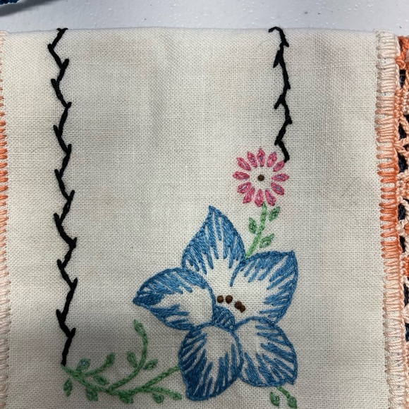 Handmade Upcycled Denim Crossbody Purse, Embroidered, Vintage Doilie - Picture 2 of 5